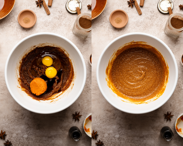 Side-by-side ingredients of adding wet ingredients to butter mixture and mixing until combined.