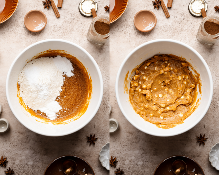 Side-by-side image of adding dry ingredients to wet ingredients and mixing until combined.