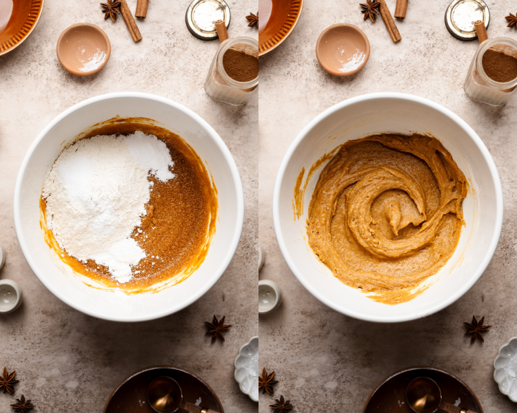 Side-by-side image of adding the dry ingredients and mixing until just combined.