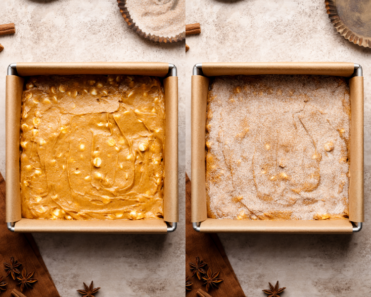 Side-by-side image of adding blondie batter to pan then topping with cinnamon-sugar mixture.
