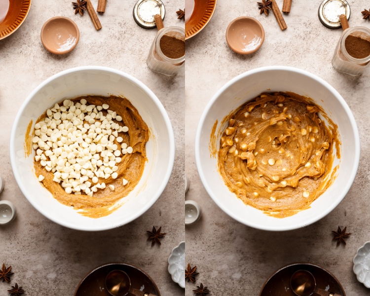 Side-by-side image of adding in the white chocolate chips and gently mixing until combined.