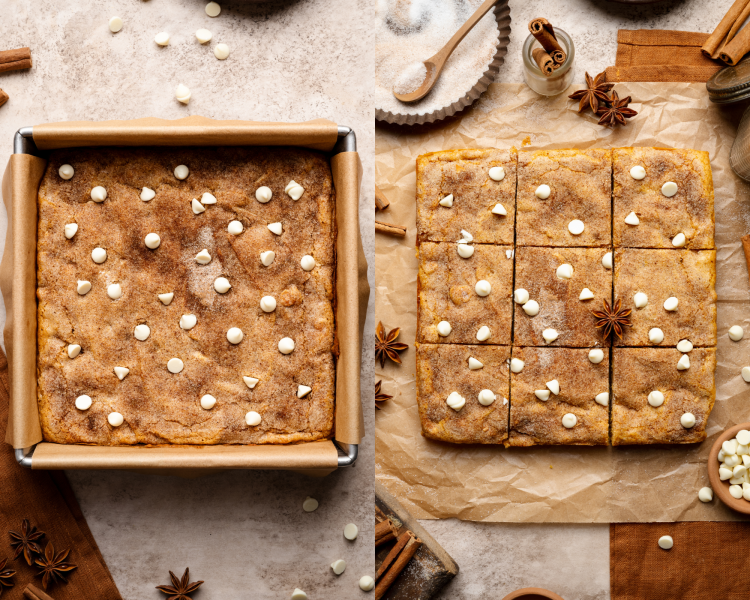 Side-by-side image of pumpkin snickerdoodle blondies baked in an 8x8-inch pan then removed from pan and cut into 9 squares.