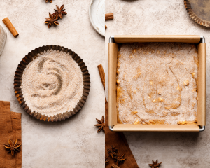 Side-by-side image of mixing together sugar and cinnamon then topping blondie batter before baking.