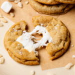 Baked rice krispie cookie cut into two halves.