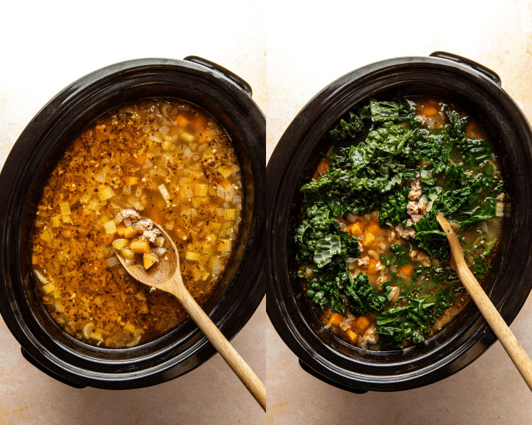 Side-by-side image of soup cooked in crockpot then adding kale for last 20-30 minutes.