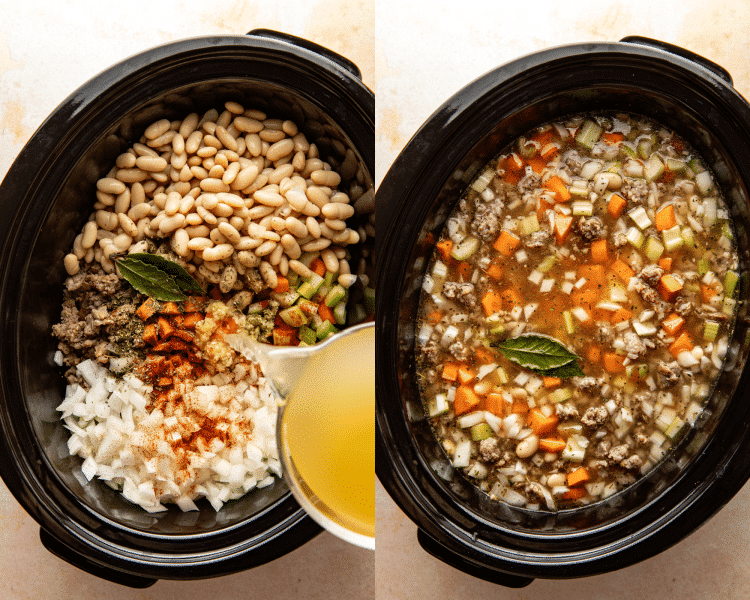 Side-by-side image of layering ingredients in slow cooker for sausage, kale and white bean soup.