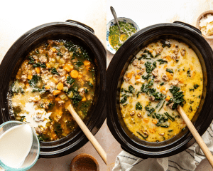 Side-by-side image of adding heavy cream and parmesan to soup in crockpot and mixing until combined.