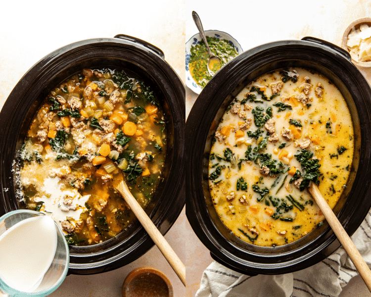 Side-by-side image of adding heavy cream and parmesan to soup in crockpot and mixing until combined.
