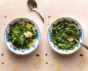Side-by-side image of mixing ingredients together for parsley dressing in a small bowl.