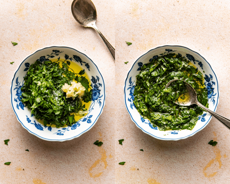 Side-by-side image of mixing ingredients together for parsley dressing in a small bowl.