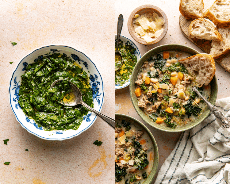 Side-by-side image of parsley dressing in a small bowl then a serving of soup in a bowl with side of crusty bread and spoon.