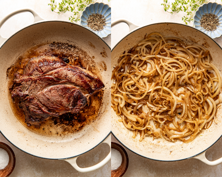 Side-by-side image of searing the pot roast in a large skillet then sautéing the onions.