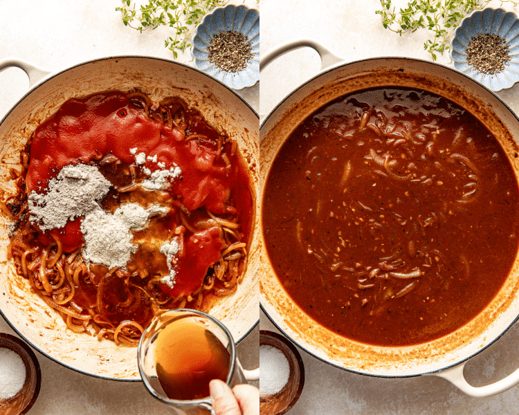 Side-by-side image of adding all the sauce ingredients to the onions in a large skillet.