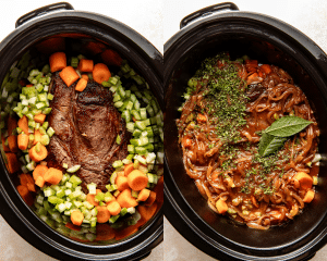 Side-by-side image of adding all the ingredients to the slow cooker.