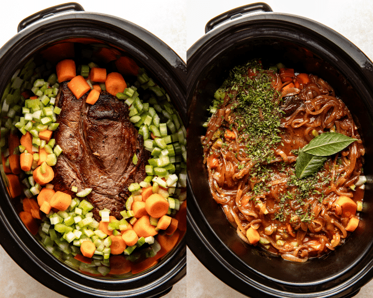 Side-by-side image of adding all the ingredients to the slow cooker.