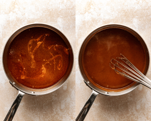 Side-by-side image of adding sauce liquid to small saucepan and cooking down into a gravy.