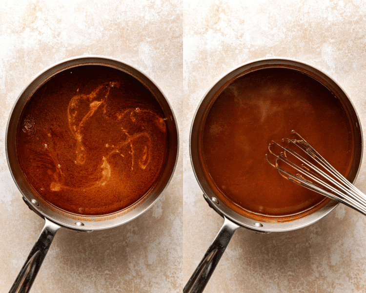 Side-by-side image of adding sauce liquid to small saucepan and cooking down into a gravy.