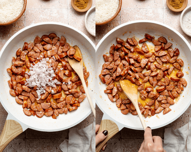 Side-by-side image of adding shallots and chorizo to skillet and cooking.