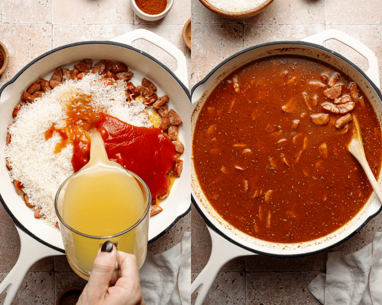 Side-by-side image of adding all ingredients to skillet and mixing to combine.