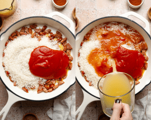 Side-by-side image of adding the rice, tomato sauce and broth to skillet.