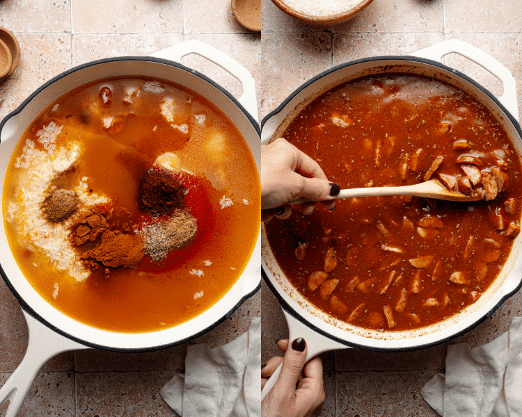 Side-by-side image of adding the spices and stirring to combine.