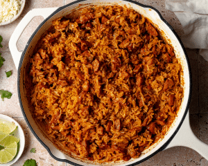 Spanish rice and chorizo baked in a skillet.