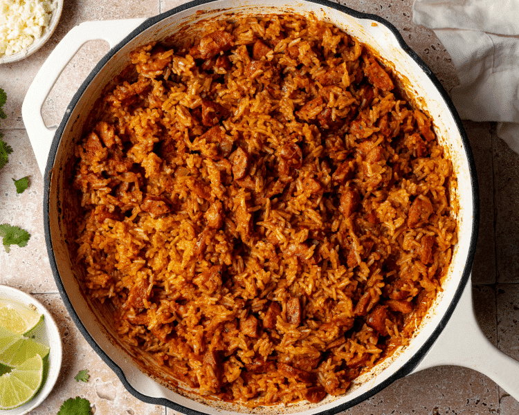 Spanish rice and chorizo baked in a skillet.