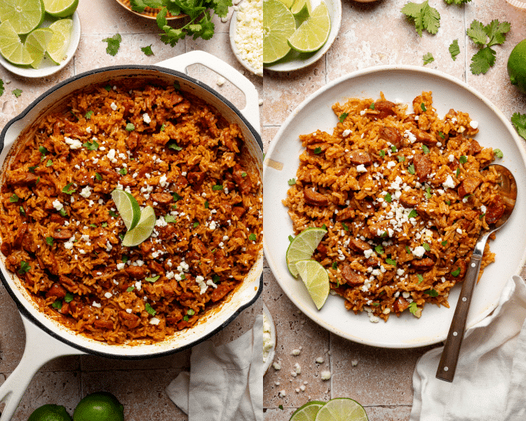 Side-by-side image of garnished baked spanish rice and chorizo and then plating dish.