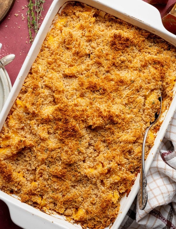 Sweet potato mac and cheese baked in a 9x13 baking dish.