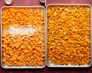 Side-by-side image of adding chopped veggies to baking sheet then roasting until soft.