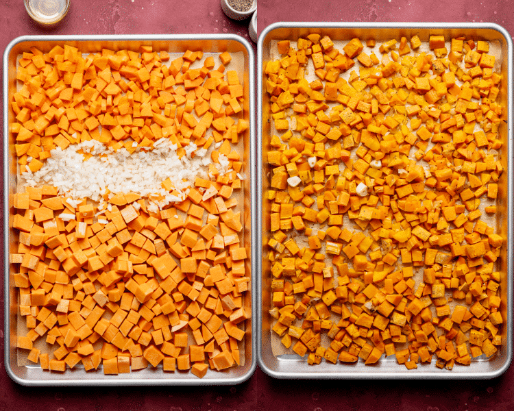 Side-by-side image of adding chopped veggies to baking sheet then roasting until soft.