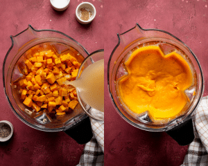 Side-by-side image of adding roasted veggies to blender with liquids then blending together until smooth.