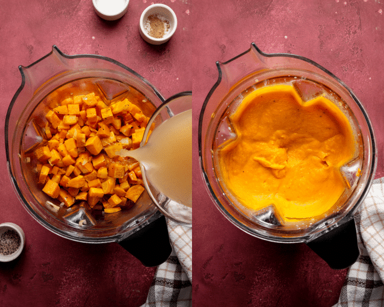 Side-by-side image of adding roasted veggies to blender with liquids then blending together until smooth.