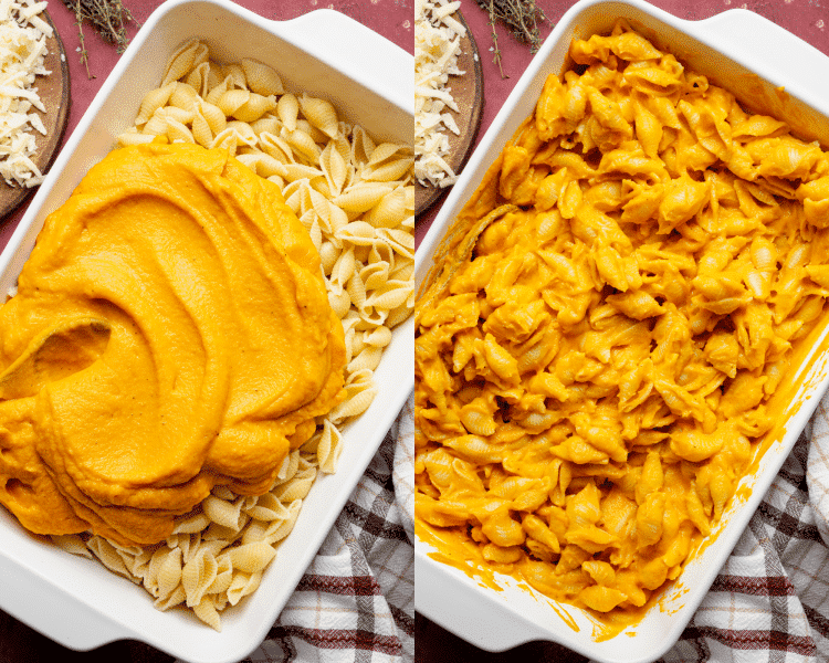 Side-by-side of adding sweet potato sauce to cooked pasta in 9x13 dish then mixing together.