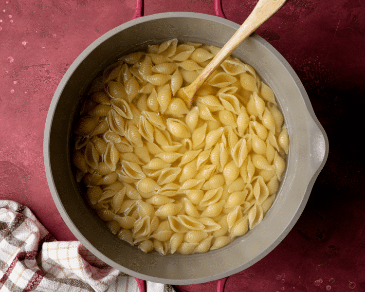 Shell pasta cooked in saucepan.