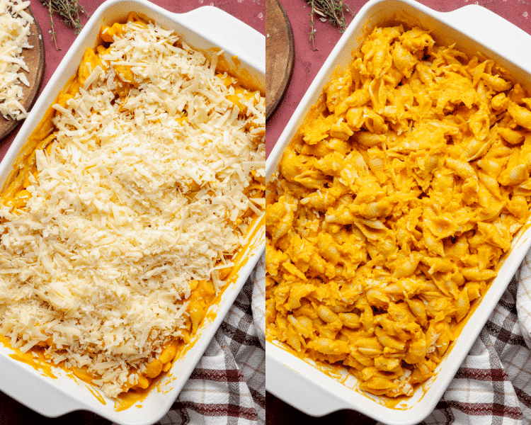 Side-by-side image of adding cheeses on top of pasta in 9x13 dish then mixing together.