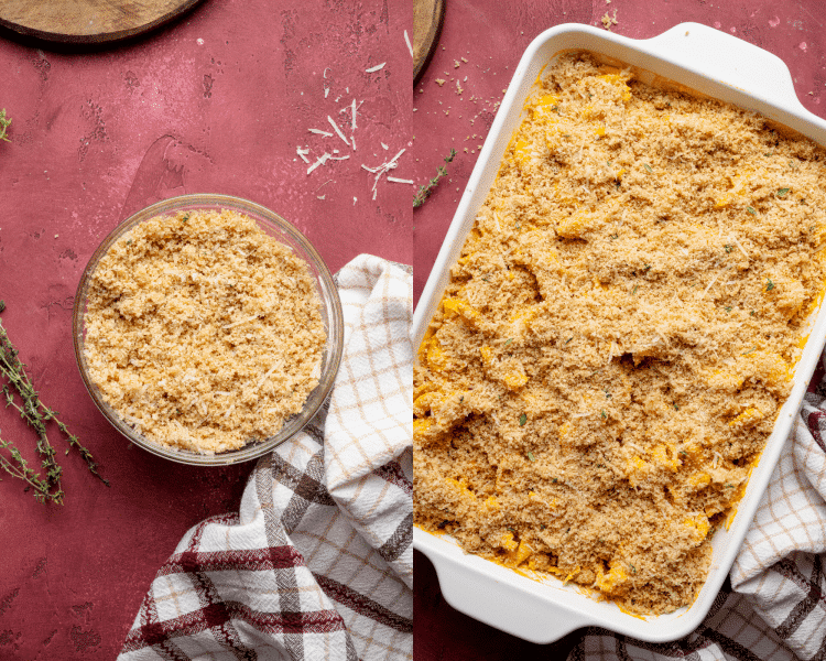 Side-by-side image of mixing panko topping ingredients in small bowl then adding on top of mac and cheese in baking dish.
