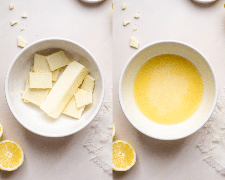 Side-by-side image of melting butter and white chocolate bar together in bowl.