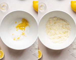 Side-by-side image of creating lemon sugar.
