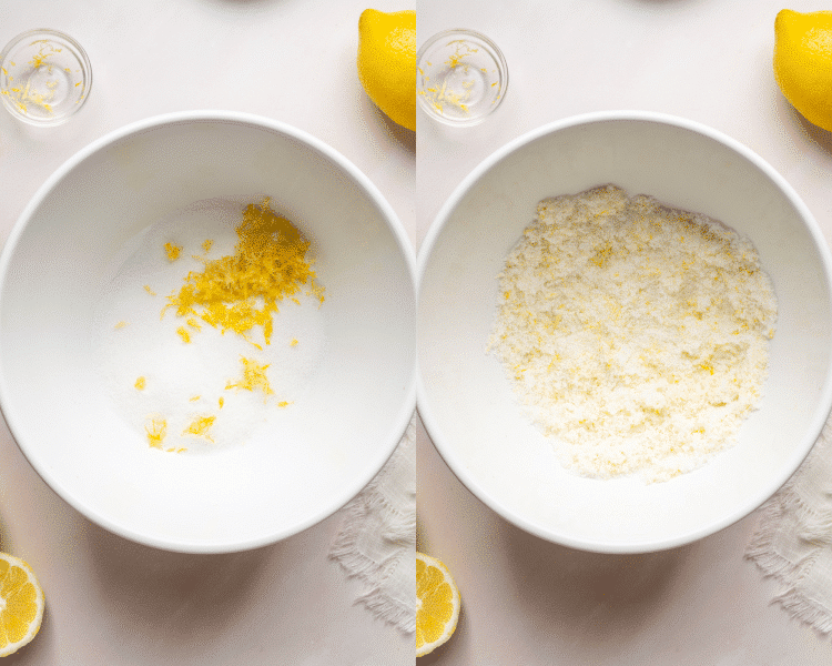 Side-by-side image of creating lemon sugar.