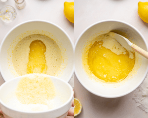 Side-by-side image of adding melted chocolate butter mixture with lemon sugar.