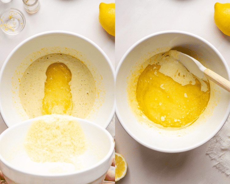 Side-by-side image of adding melted chocolate butter mixture with lemon sugar.