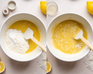 Side-by-side image of adding dry ingredients to mixing bowl and mixing to combine.