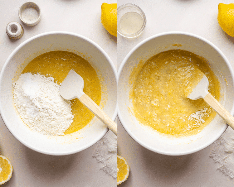 Side-by-side image of adding dry ingredients to mixing bowl and mixing to combine.