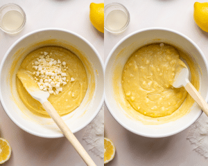 Side-by-side image of adding white chocolate chips to mixing bowl and stirring to combine.