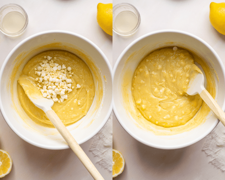 Side-by-side image of adding white chocolate chips to mixing bowl and stirring to combine.