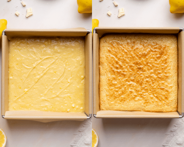 Side-by-side image of adding brownie batter to 8x8 pan then baking for 25-30 minutes.