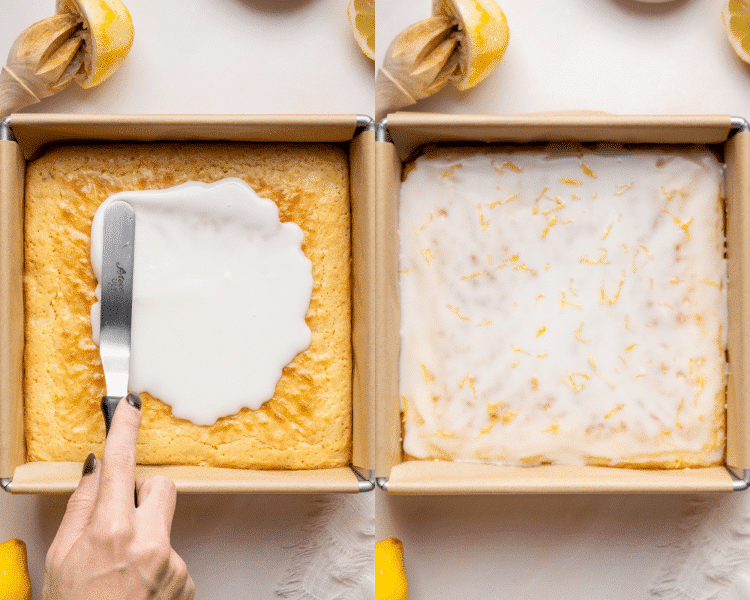Side-by-side image of spreading lemon glaze on top of baked brownies then garnishing with more lemon zest.