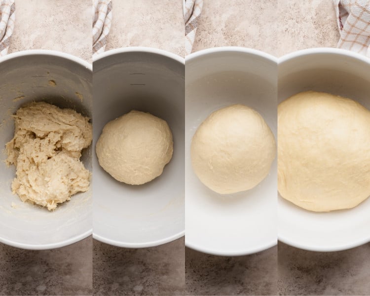 Four photos showing the dough progression for small batch cinnamon rolls: from sticky dough after mixing, to a smooth kneaded ball, to doubled in size after rising.