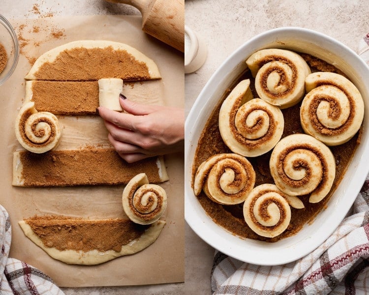 Two photos showing the cinnamon roll assembly process: spreading cinnamon sugar filling over rolled-out dough, rolling the dough into spirals, and placing the rolls into a baking dish lined with cinnamon caramel sauce.